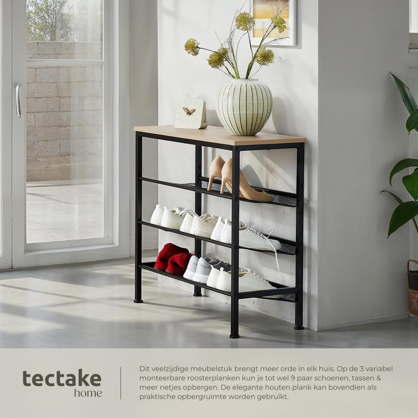 Detalle de tectake Wolverhampton 404284 schoenenrek, industrieel licht eiken, 3 roosters