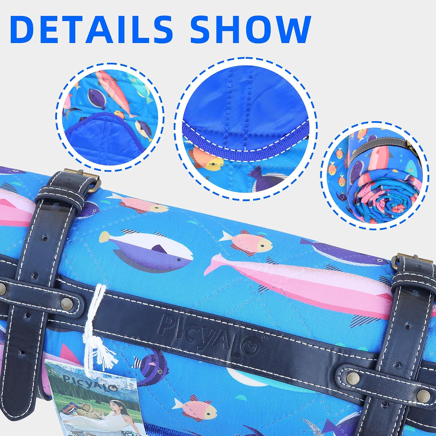 Detalle de PICYALO 60x80 Picnic Blanket, Cotton-Filled, Blue Fish Pattern