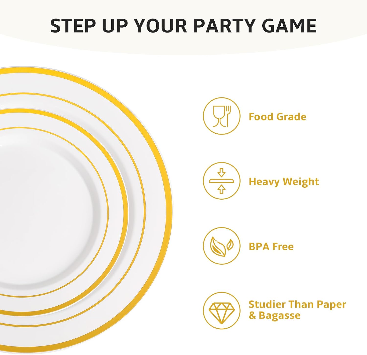 Detalle de AOZITA 200PCS Gold Plastic Plates Set: Heavy Duty Disposable Dinnerware with Gold Rim