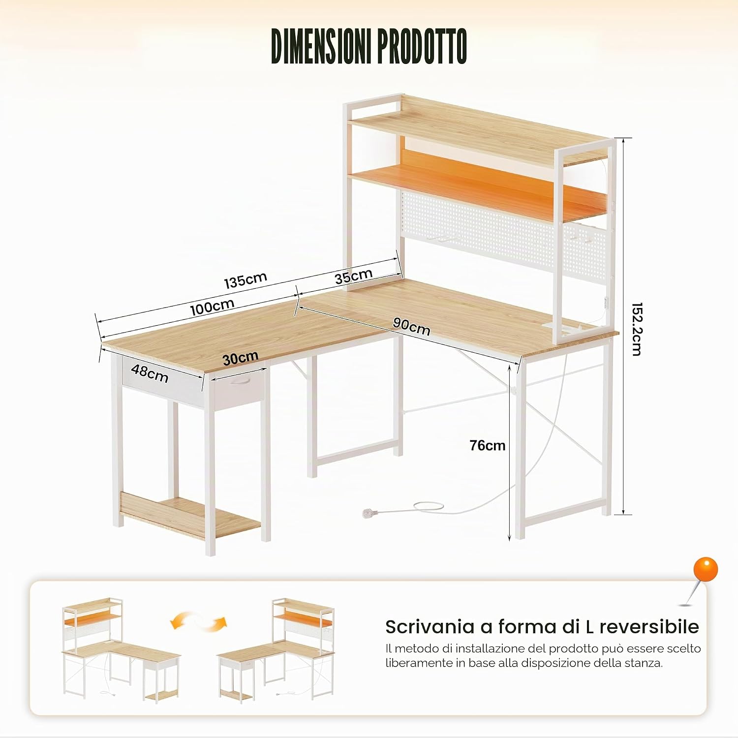Thumbnail 1 de YOUDENOVA Scrivania Gaming con Pannello Forato e Libreria Salvaspazio, Angolare Reversibile 135x90x152 cm, Bianco