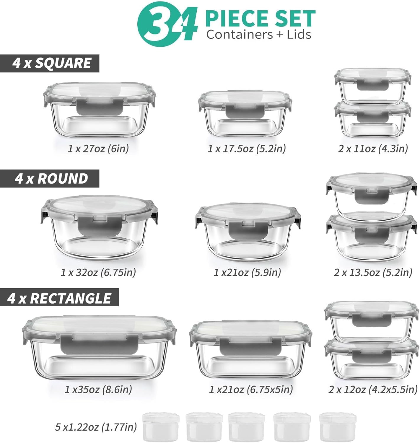 Thumbnail 1 de 34pcs Glass Food Storage Containers Set, Airtight 🍽