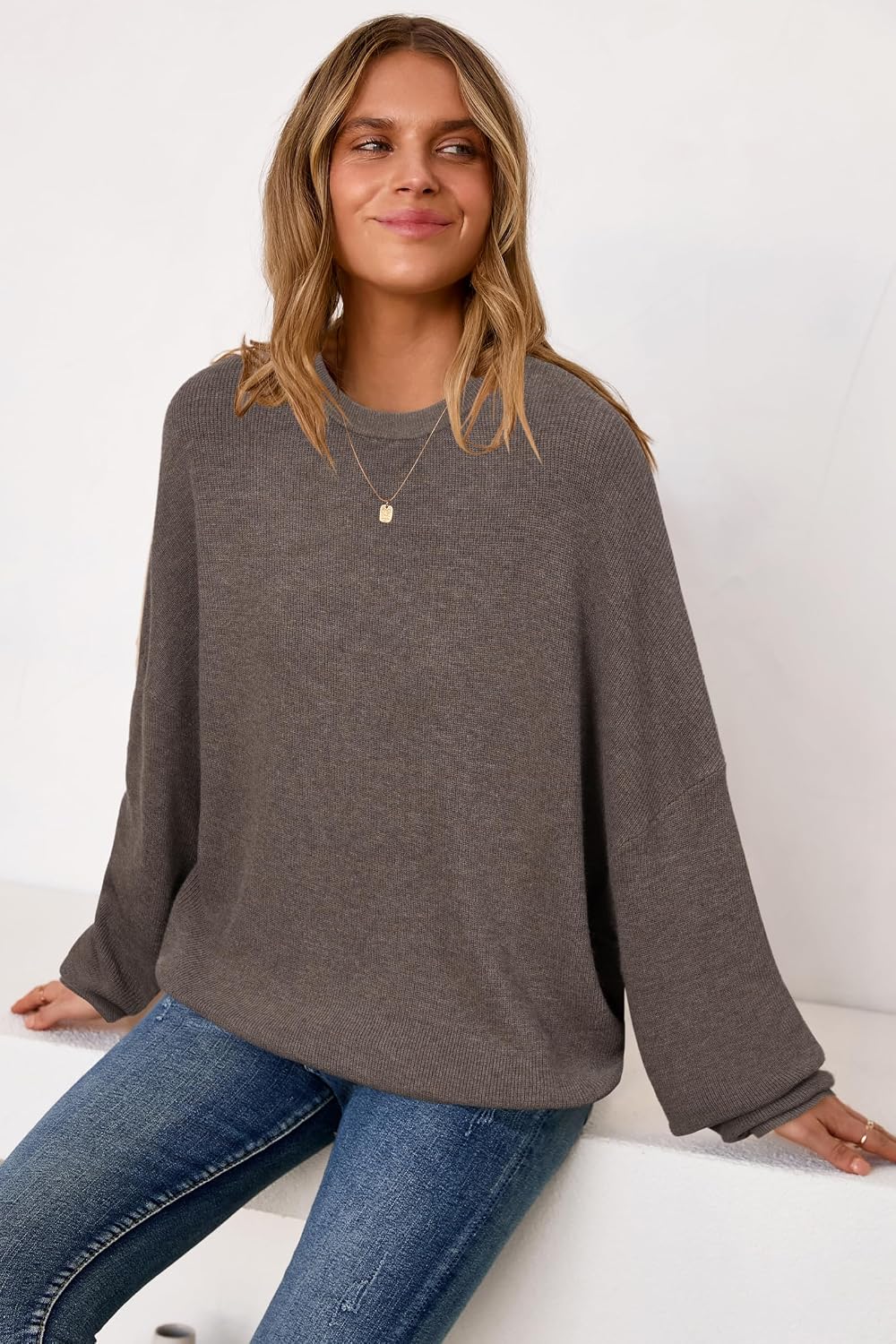 Detalle 2 de Arach&Cloz Women's Wool-Blend Oversized Sweater, Crewneck, Long Sleeve