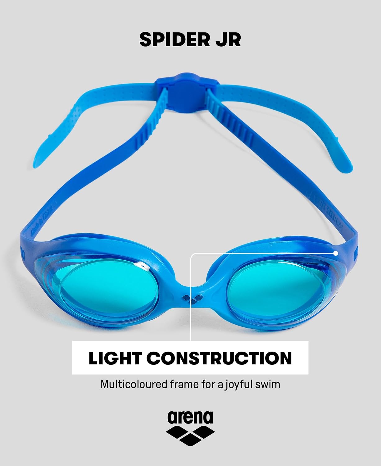Detalle de ARENA Spider Junior Mirror Kinderschwimmbrille – sicherer Sitz, UV-Schutz und klare Sicht für Kinder 6–12 Jahre