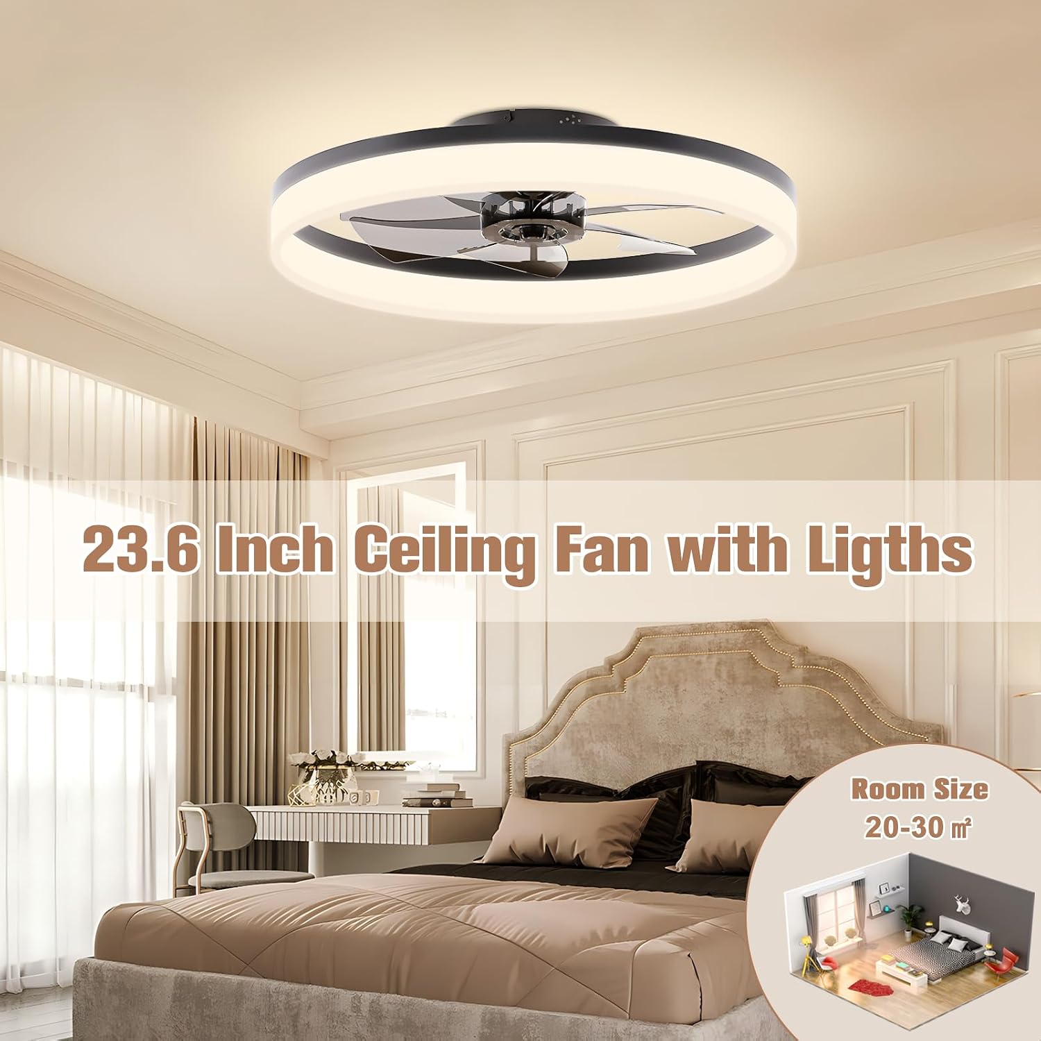 Detalle 2 de VOLISUN 8225C-600 Ceiling Fan with Light, 23.6-Inch Black Flush Mount, Dimmable LED