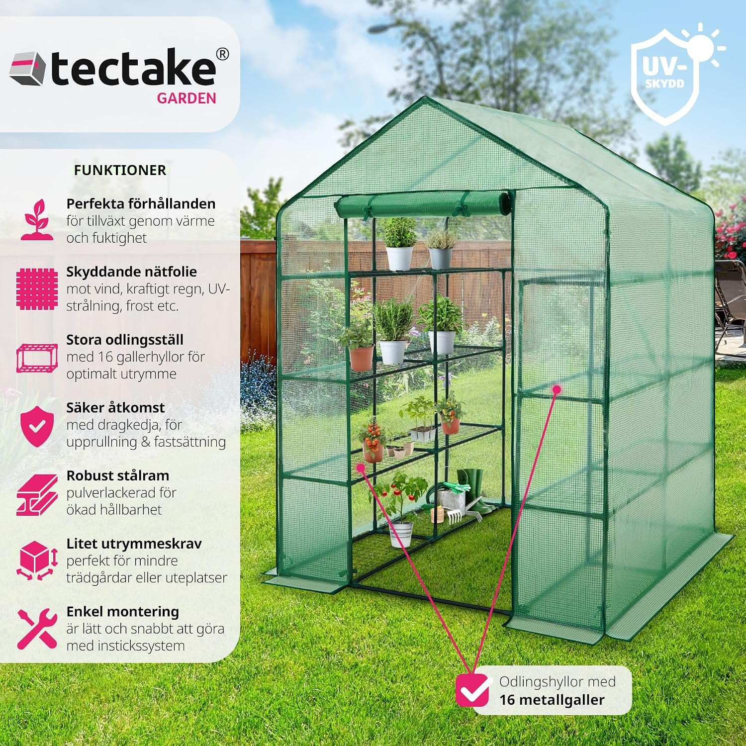 Detalle de tectake 401860-SE växthus med stålram, 16 hyllplan och UV-stabiliserad folie