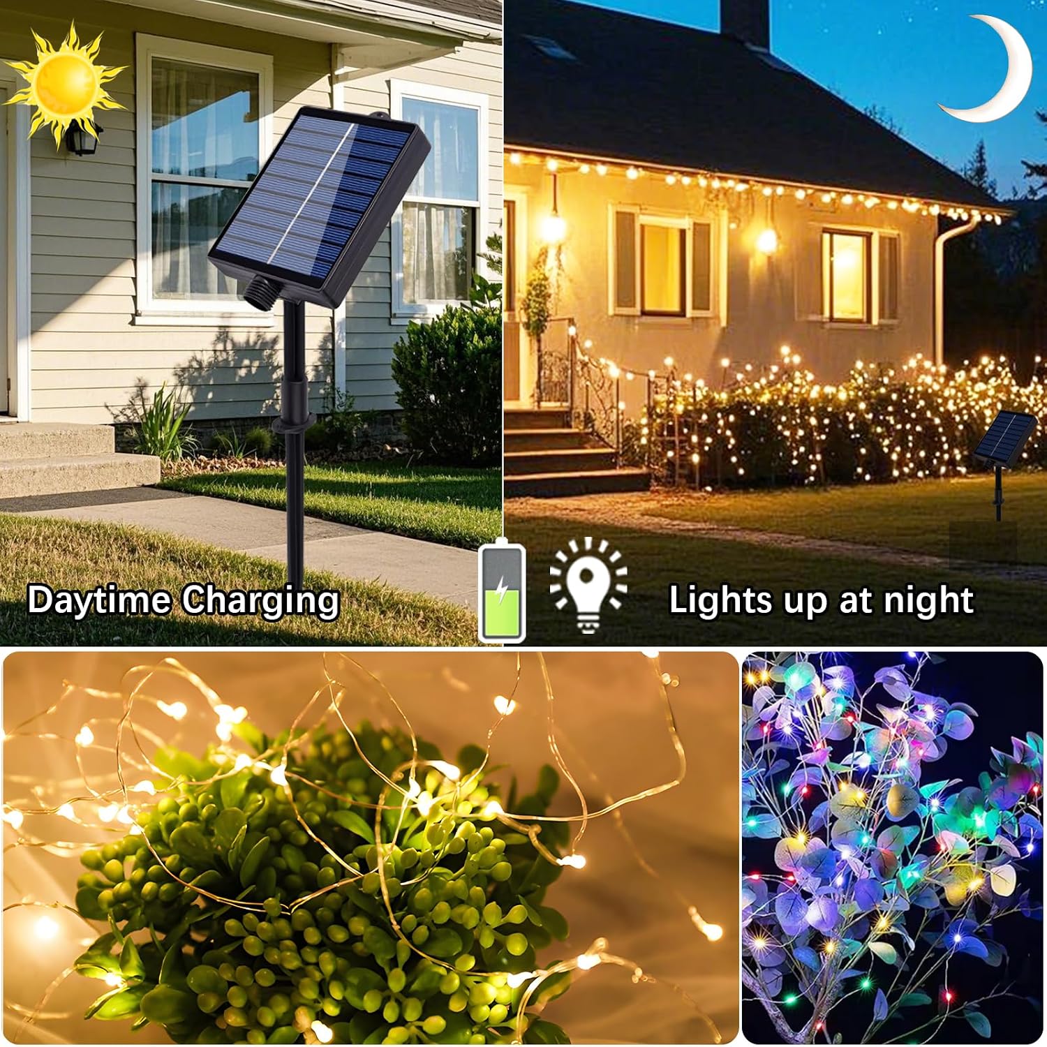 Detalle de Meision Solar Lichterkette Außen 10 m – 100 LEDs, Kupferdraht, IP65, Timer & Fernbedienung (2er Set)