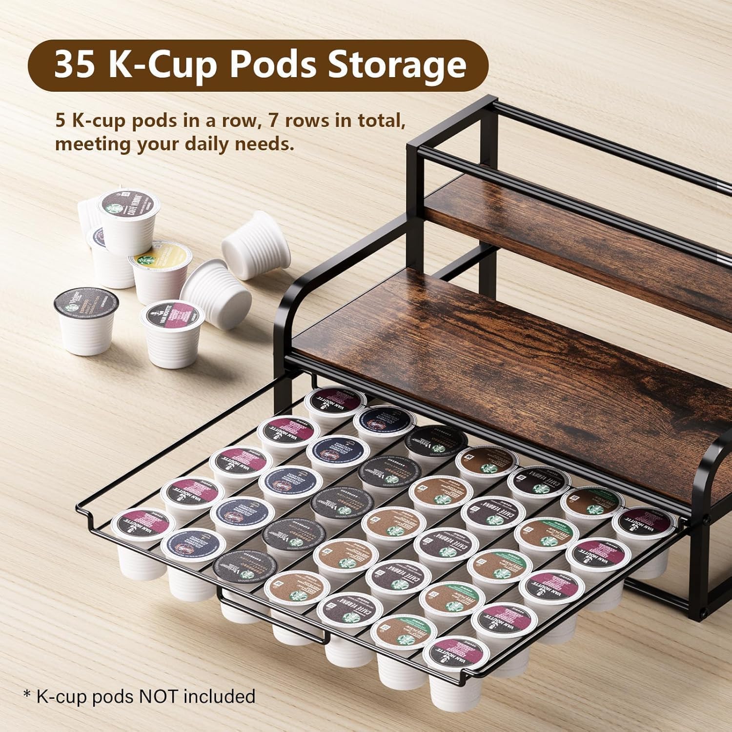 Thumbnail 4 de Coffee Station Organizer for Countertop: 3-Tier Syrup Rack with 35 K-Cup Drawer