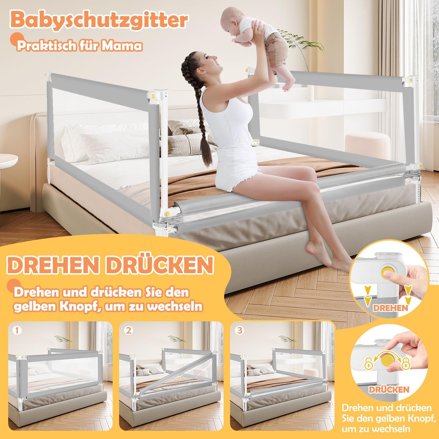 Thumbnail 2 de Ikodm Bettgitter Klappbar mit U-förmiger Basis – höhenverstellbar 68–95 cm, 200 cm + 180 cm (Grau)