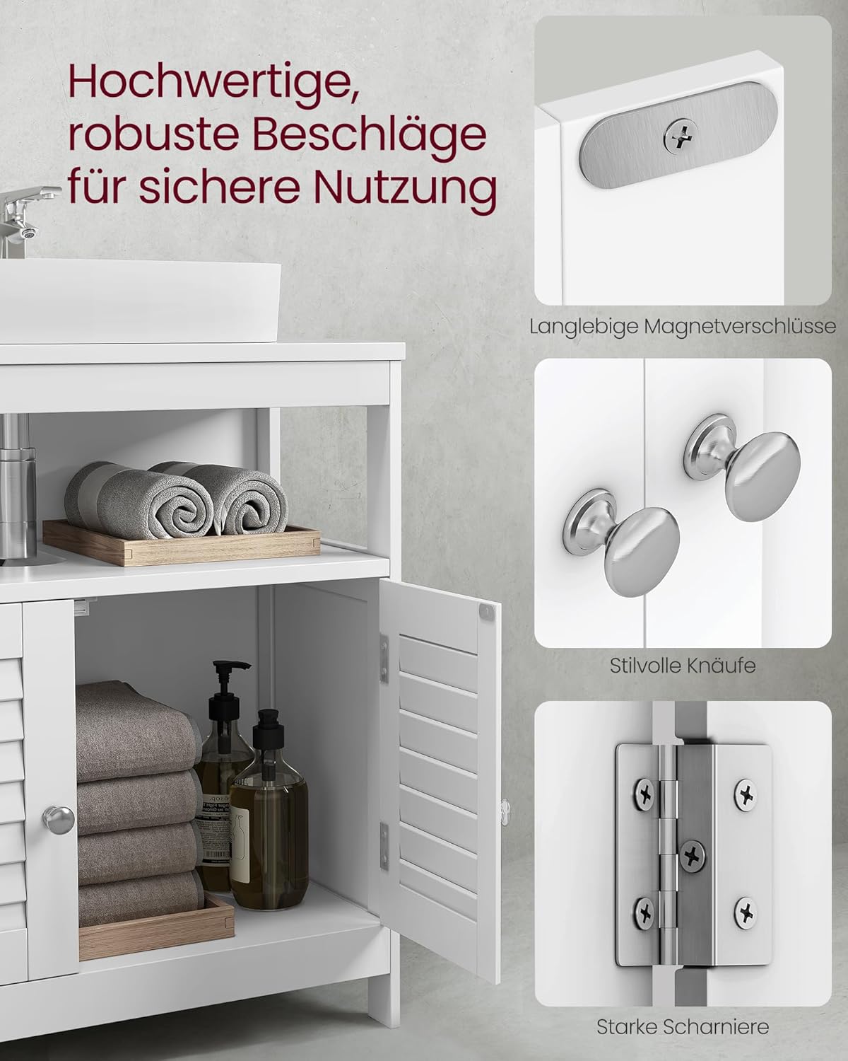 Detalle 2 de VASAGLE Waschbeckenunterschrank 30 x 60 x 60 cm, weiß – Lamellentüren, offenes Fach, verstellbare Ebenen
