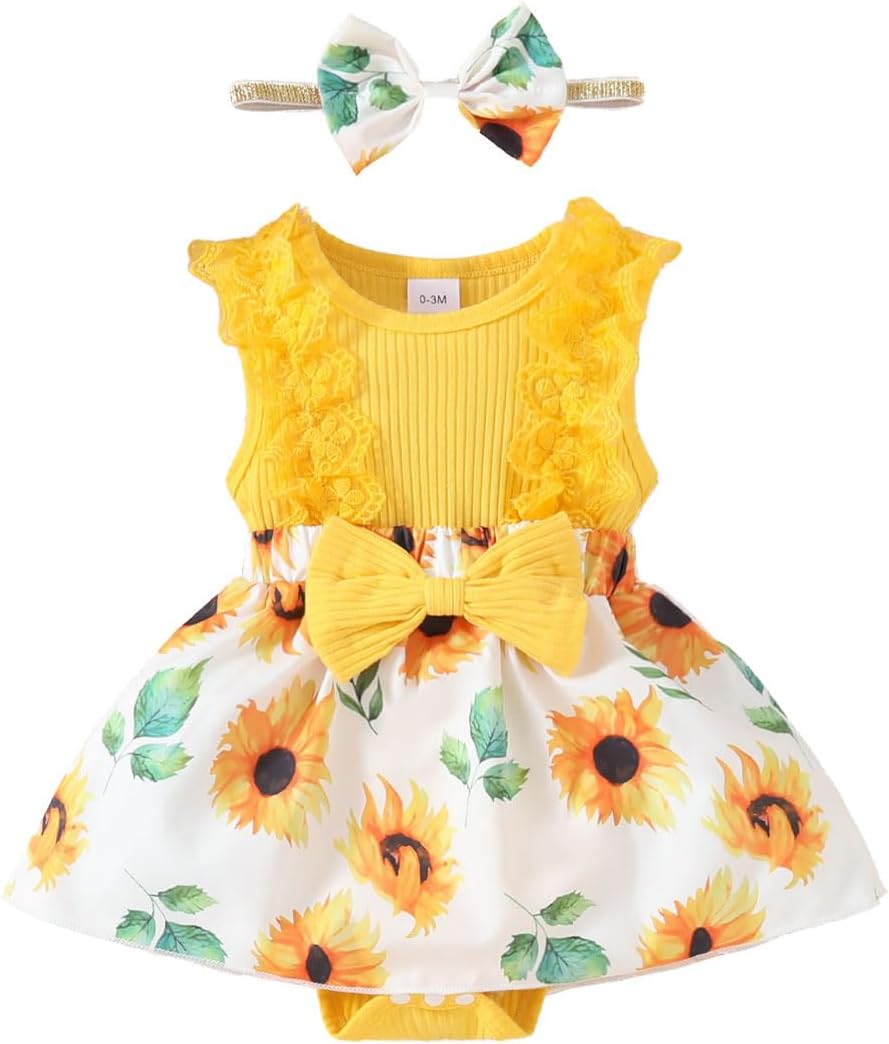 Detalle de HEOXIN Babykleidung Kleid Mädchen – Spitzenkleid mit Druckknopf im Schritt, Stirnband & Schleife, 0–18 Monate