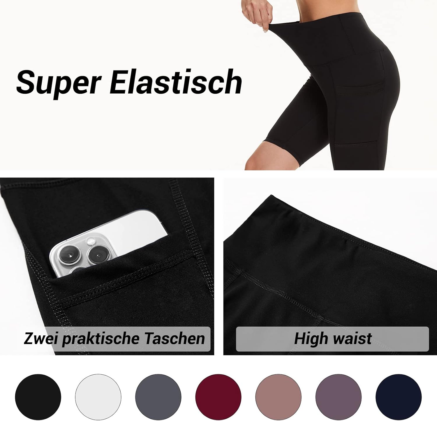 Detalle de AMIYOYO Damen Radlerhose mit Taschen – High-Waist Sportshort, blickdicht & dehnbar