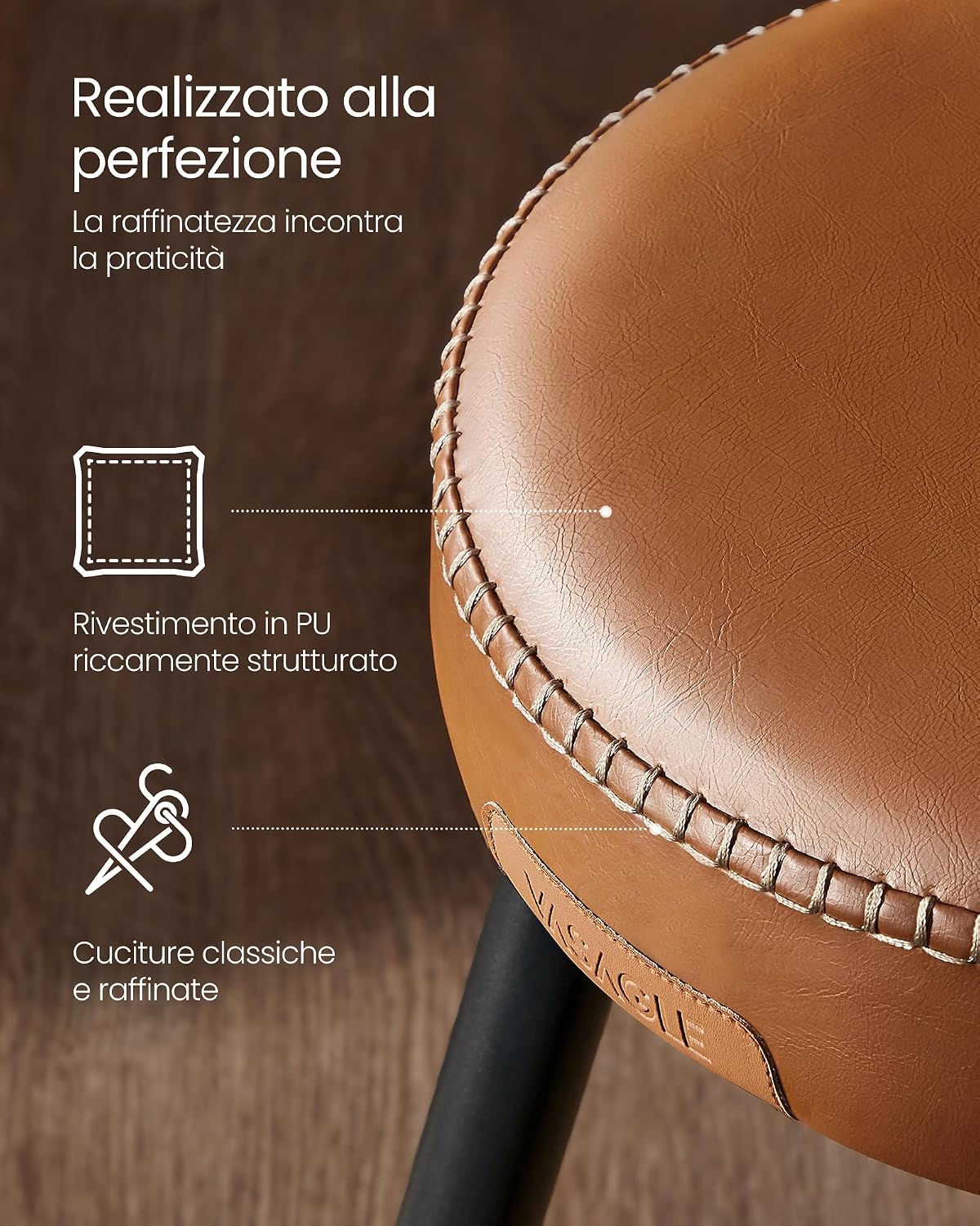 Detalle de VASAGLE EKHO Collezione: Sgabelli Cucina da Bar, Set da 2, altezza 63 cm, PU con cucitura marrone caramello (LBC080K01V1)