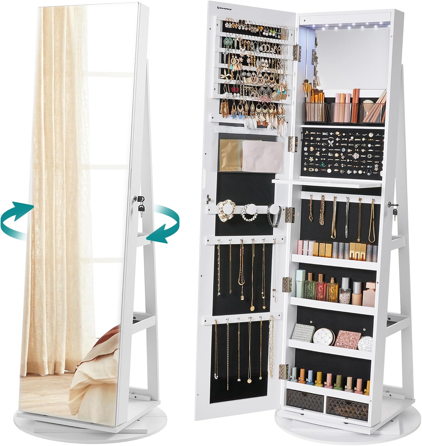 SONGMICS Armoire à Bijoux avec Miroir et LED – rangement pivotant 360°, 6 LED, portes verrouillables (JJC007W01)