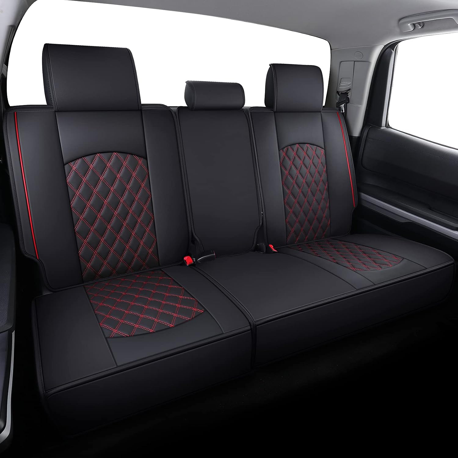 Thumbnail 2 de YIERTAI Truck Seat Covers for Toyota Tundra CrewMax/Extended Cab (2008-2026) – Full 5-Piece Waterproof Leather Set, Black-Red
