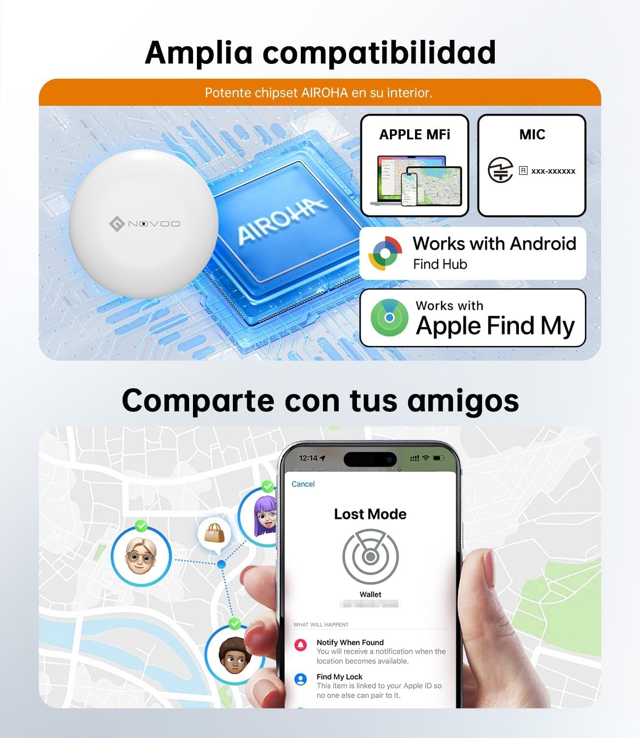 Thumbnail 6 de NOVOO Air Smart Tracker Tag Bluetooth per Apple & Google Find My, allarme 80 dB, batteria sostituibile (4 pz)