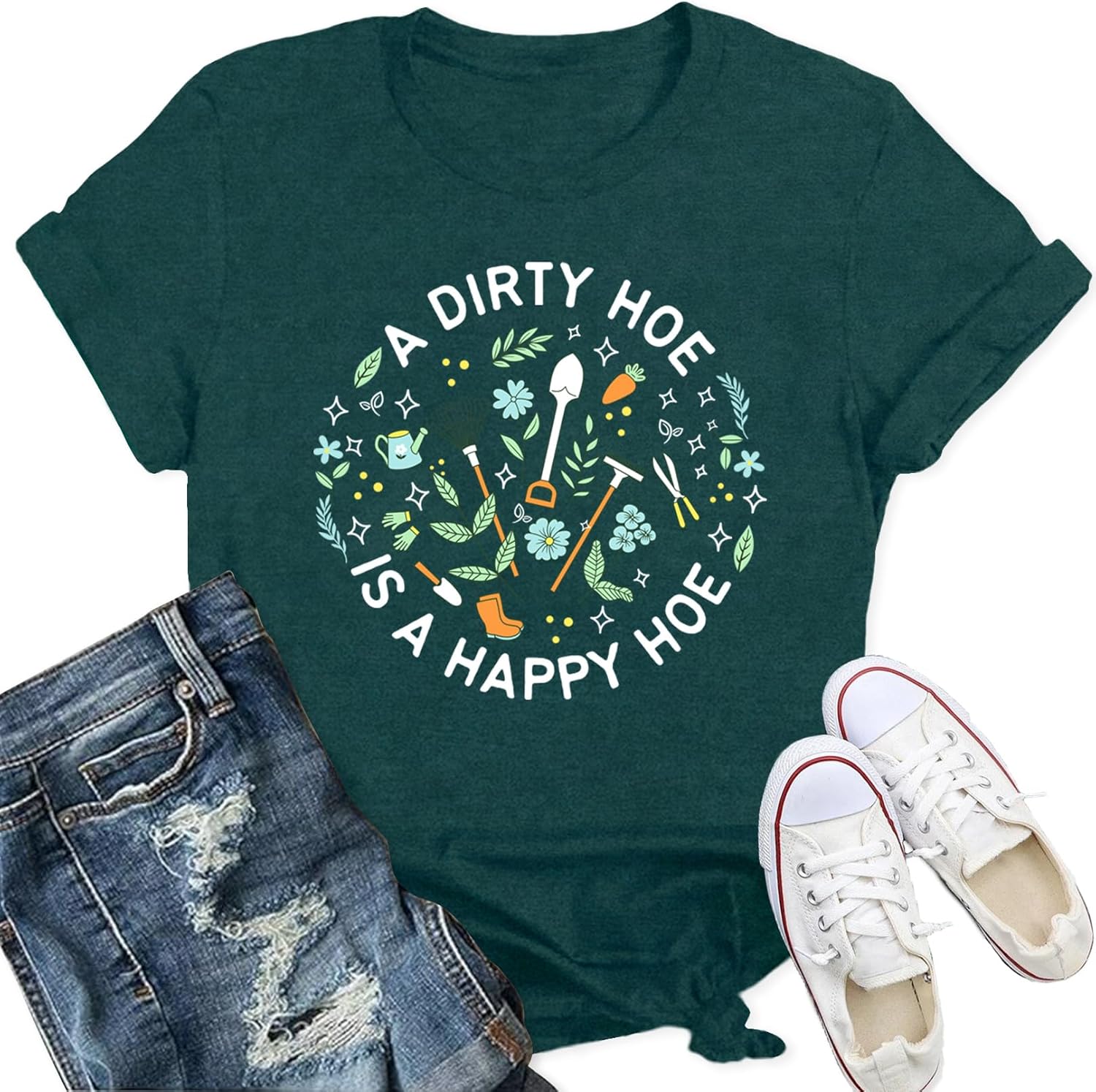 Detalle 2 de Qskall Women’s Garden T-Shirts: Farmer Gardening “A Dirty Hoe is a Happy Hoe” Tee