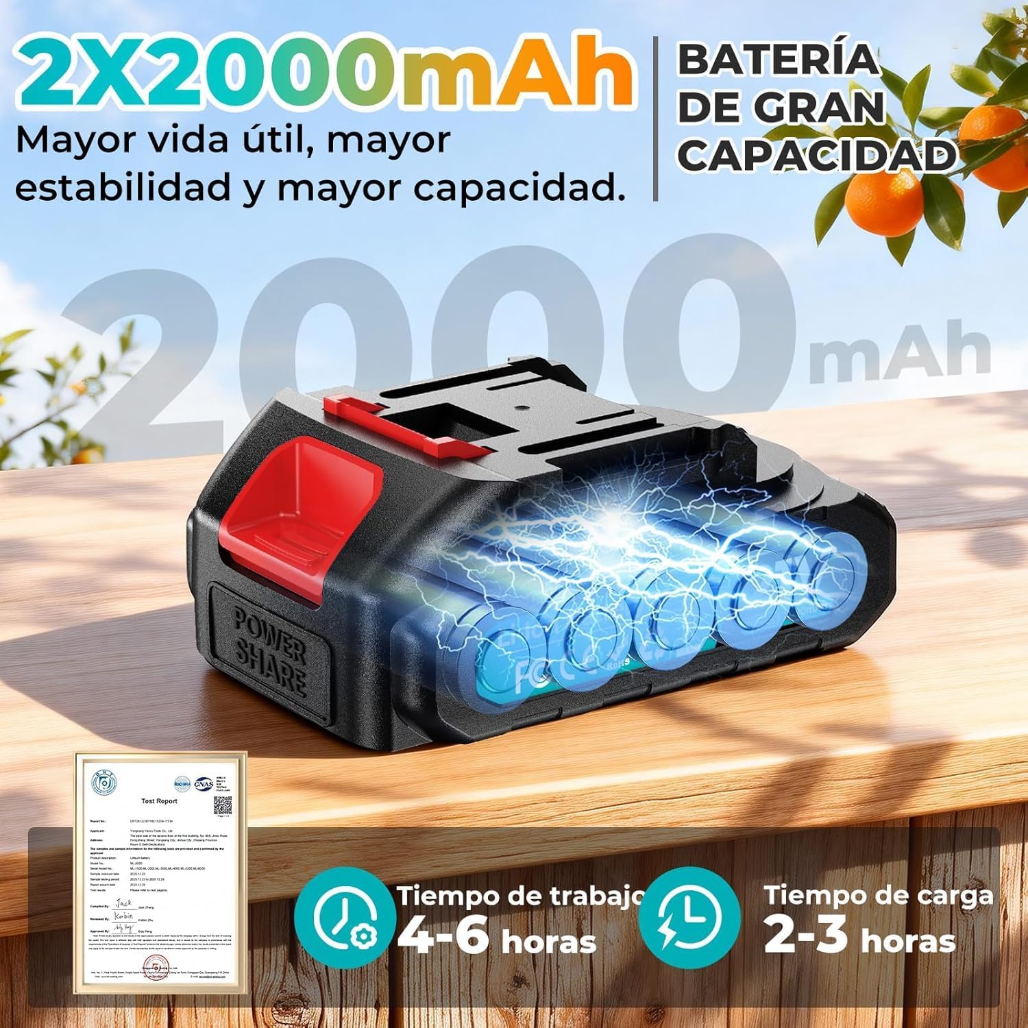 Detalle de Tijeras de Podar Eléctricas 21V de Sukaudiz: potencia sin escobillas, 2 baterías y 33 mm de corte