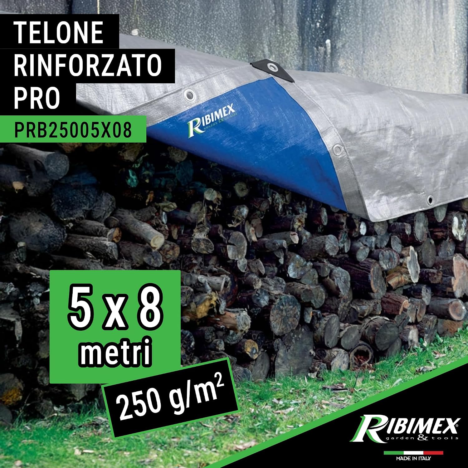 Detalle de Ribimex Telone Impermeabile per Esterno PRO 5x8 m – Protezione affidabile in polietilene 250 g/m² con occhielli in alluminio