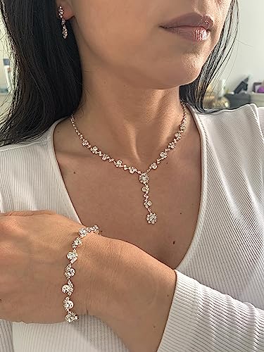 Detalle de ONDEGO 3er Set Silber Strass Schmuck – Halskette, Ohrringe & Armband für Hochzeit, Kommunion und Ball