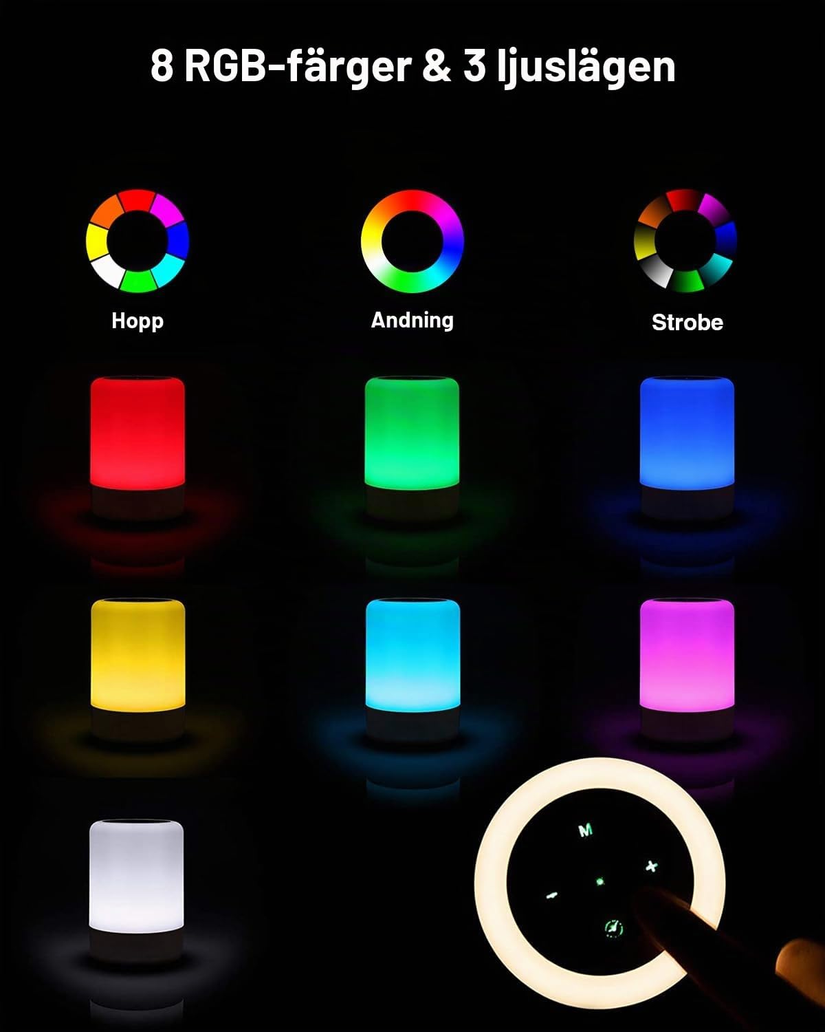 Detalle de salipt S400 sänglampa med touchstyrning, dimbart RGB-ljus och fyra USB-portar
