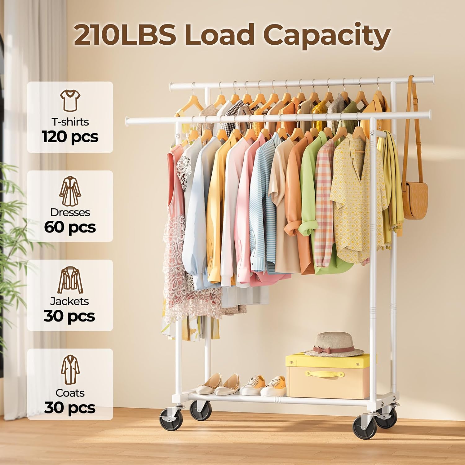 Detalle de HYSEYY Double Rods Clothes Rack, Metal Rolling Rack with Storage Shelf, White