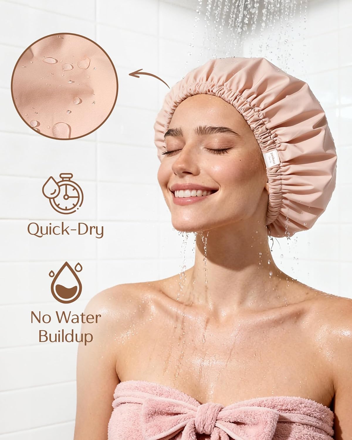 Thumbnail 1 de Yanibest Satin Lined Shower Cap for Women – Large, Reusable Waterproof Cap with Soft Elastic Band (Peachy Pink)