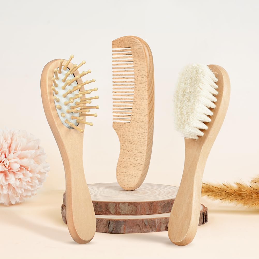 Thumbnail 6 de Aolso Brosse Cheveux Bébé – Lot 3 pcs, bois naturel et poils de chèvre doux