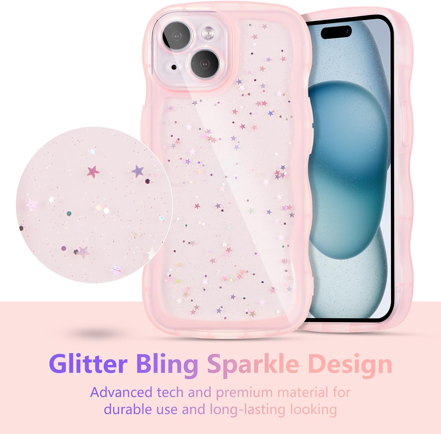 Detalle de ZTOFERA Handyhülle für iPhone 13 (6,1") – transparente TPU Schutzhülle mit Wellenrahmen, Sternen & rosa Rahmen