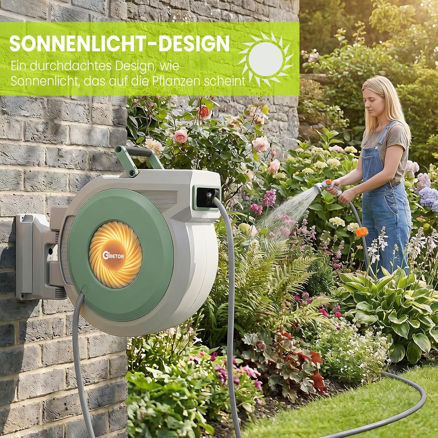 Detalle de Bietor Schlauchtrommel Wasser40m + 2m – Automatischer Wand-Schlauchaufroller mit 180° Schwenkarm und 10-fach Sprühpistole