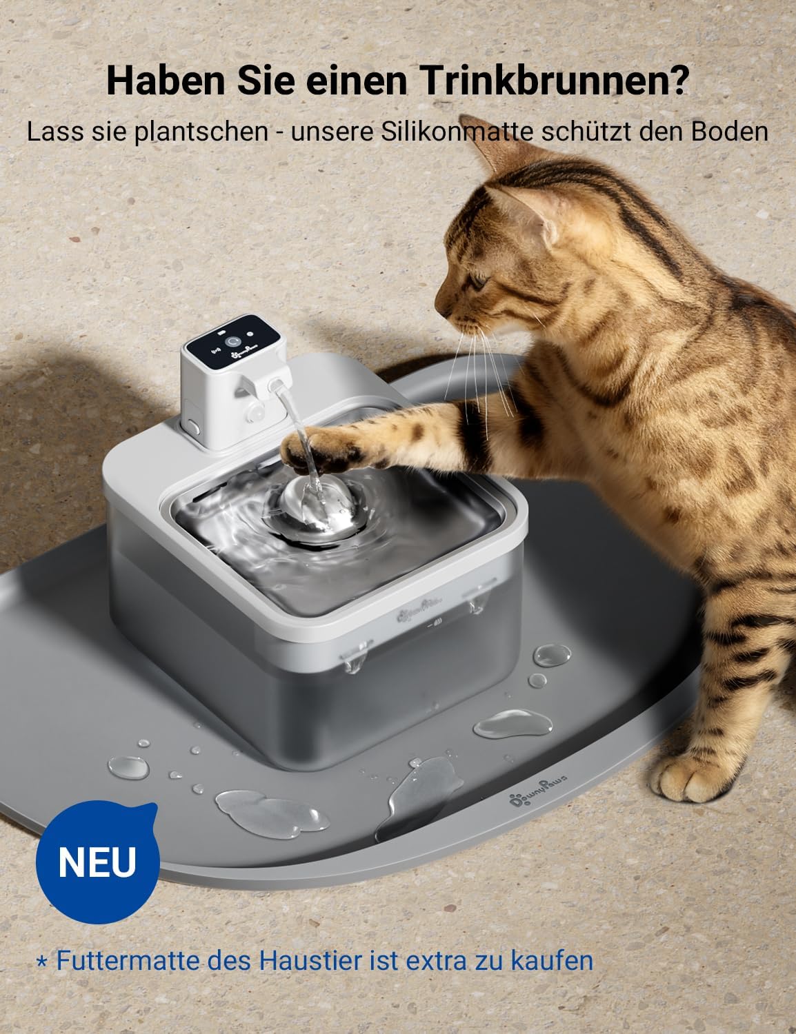 Detalle de DownyPaws Katzenbrunnen Kabellos 2,5L – Bewegungsmelder, Edelstahl, 4.000 mAh