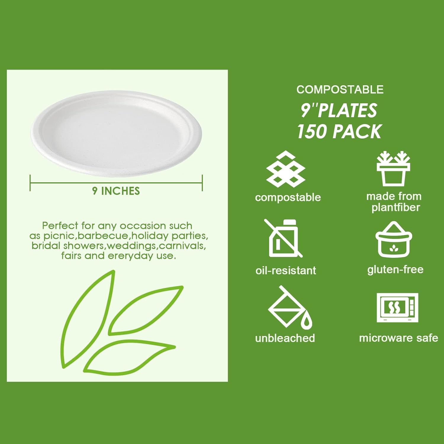 Thumbnail 2 de Vplus 150-Pack 9-Inch Compostable Paper Plates (Sugarcane Bagasse), Heavy-Duty Disposable