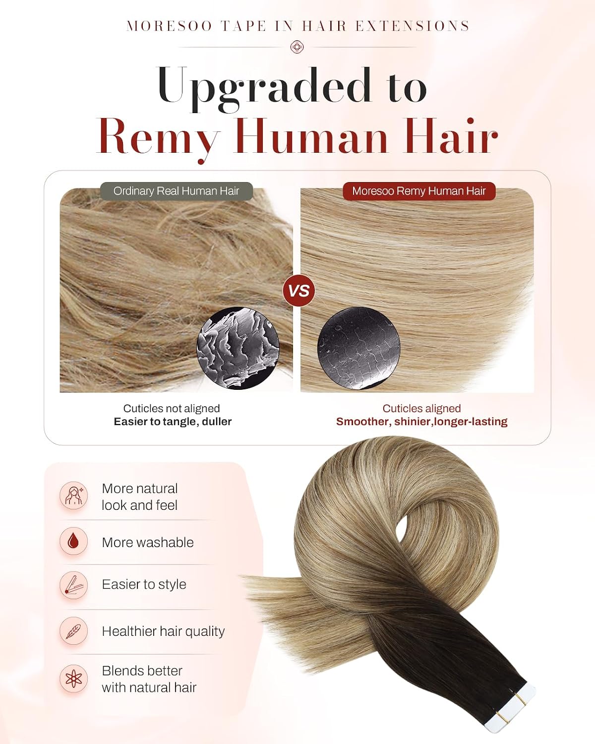 Detalle 2 de Moresoo Tape In Human Hair 16 Inch