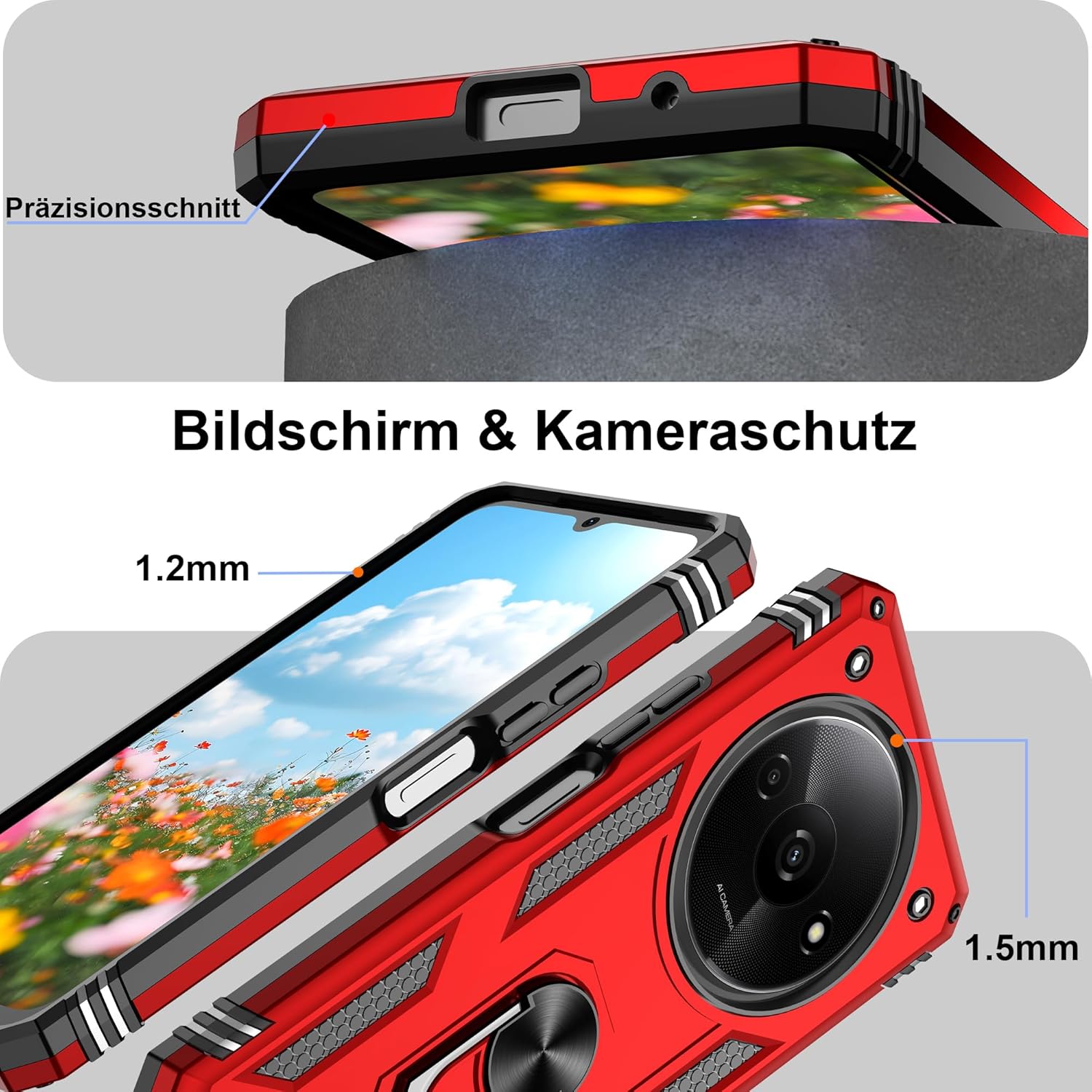 Detalle de Pilaru Handyhülle für Xiaomi Redmi A3 4G – 360° Metallring Ständer, Fallschutz nach Militärstandard