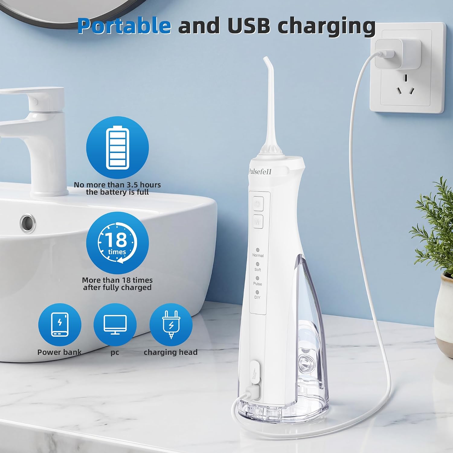 Detalle de Pulsefell Idropulsore dentale portatile ricaricabile 300 ml con 4 modalità e IPX7 (bianco)