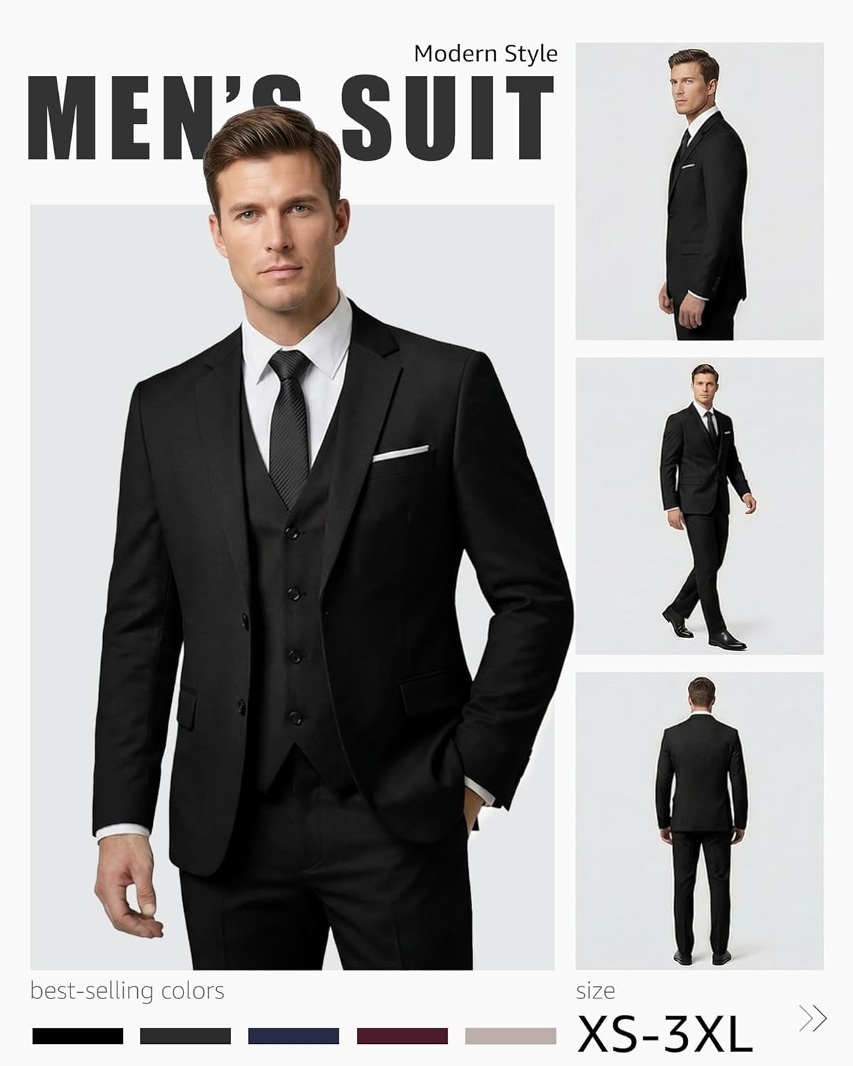 Thumbnail 2 de YND Men's 3 Piece Suit Set with Tie — Slim Fit 2-Button Blazer, Vest, and Pants in 29 Colors