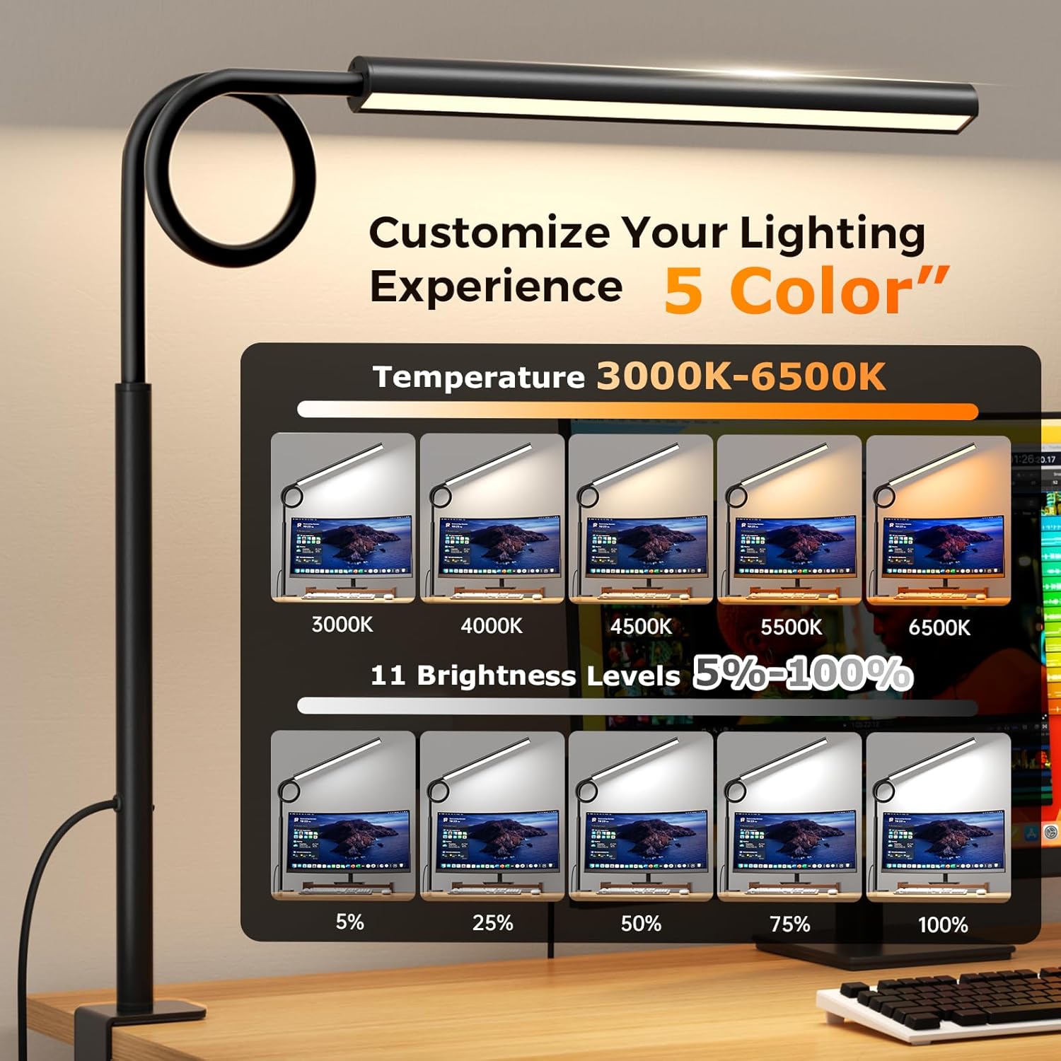 Detalle 2 de WHW3WIN LED Desk Lamp 12W — 5 modes, clamp
