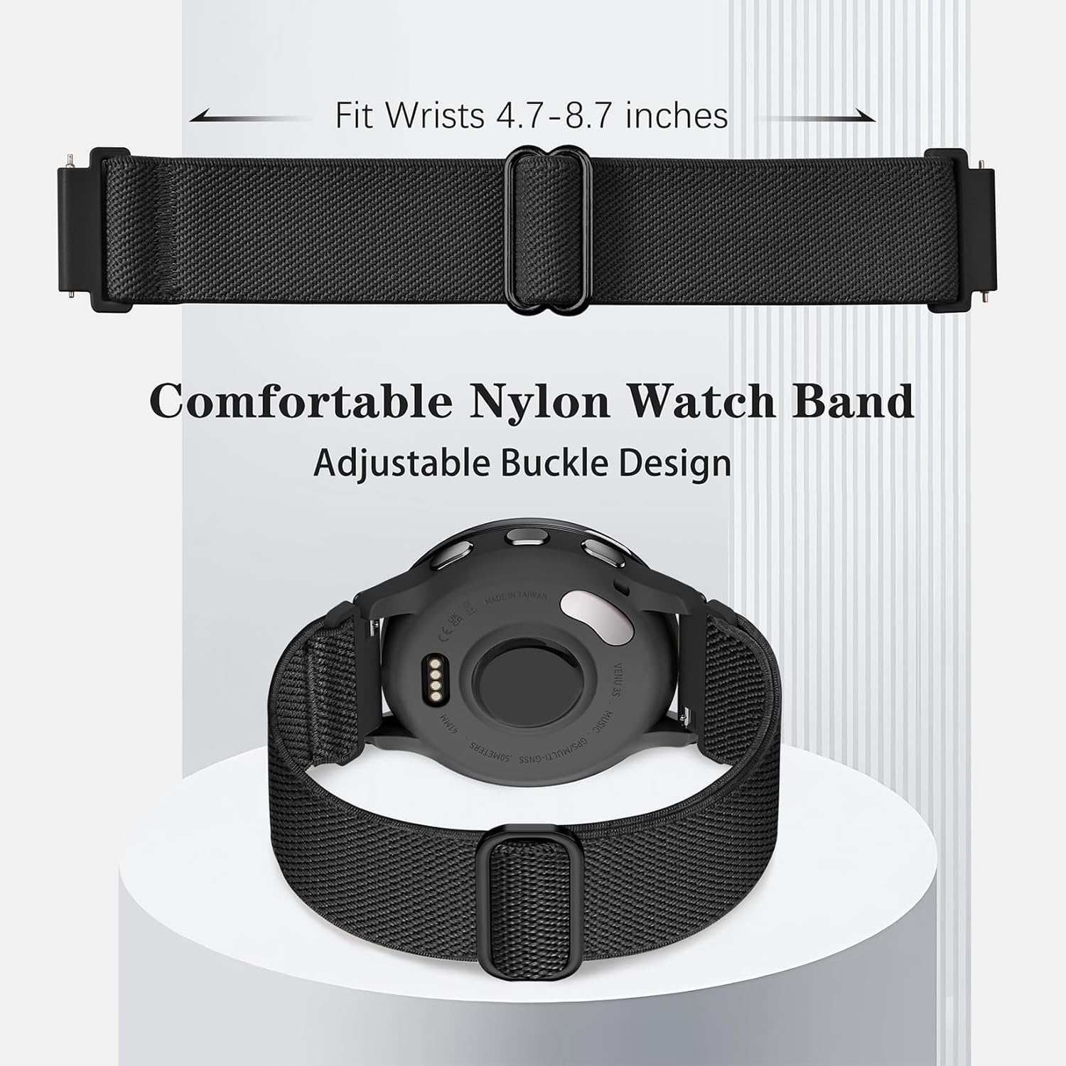 Detalle de Wizvv 3-Pack Elastic Nylon Wristbands for Garmin Venu 2S/3S, Venu 4, Vivoactive 4S, VivoMove 3S, Forerunner 255S/265S (18 mm) – 120–220 mm Wrist Size