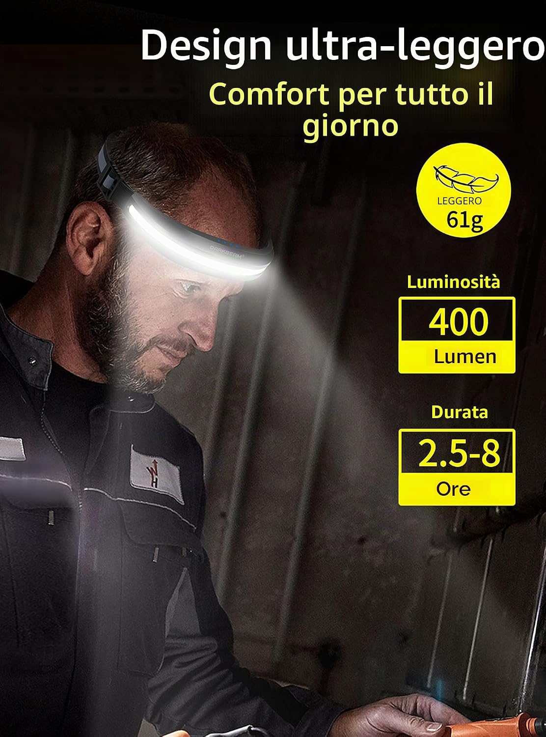 Detalle de DARKBEAM Torcia Frontale LED 230° – USB-C, 2-Pack, 1200 mAh, luce Bianca e Rossa