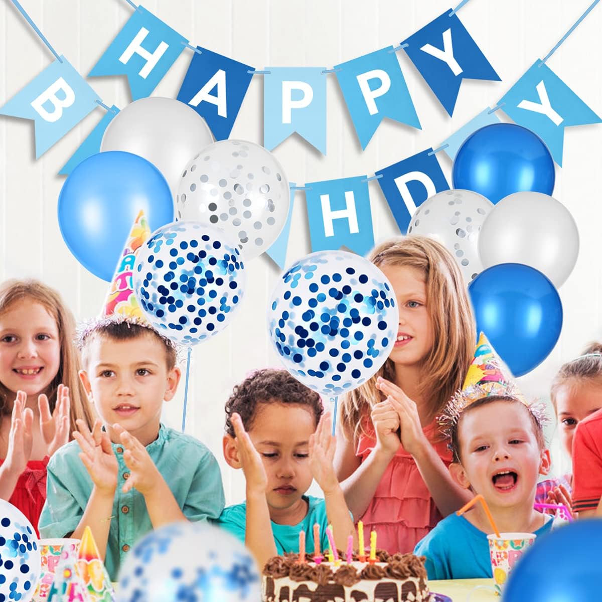 Detalle de Vicloon födelsedagsbanderoll, 27 delar med blå ballonger och konfetti