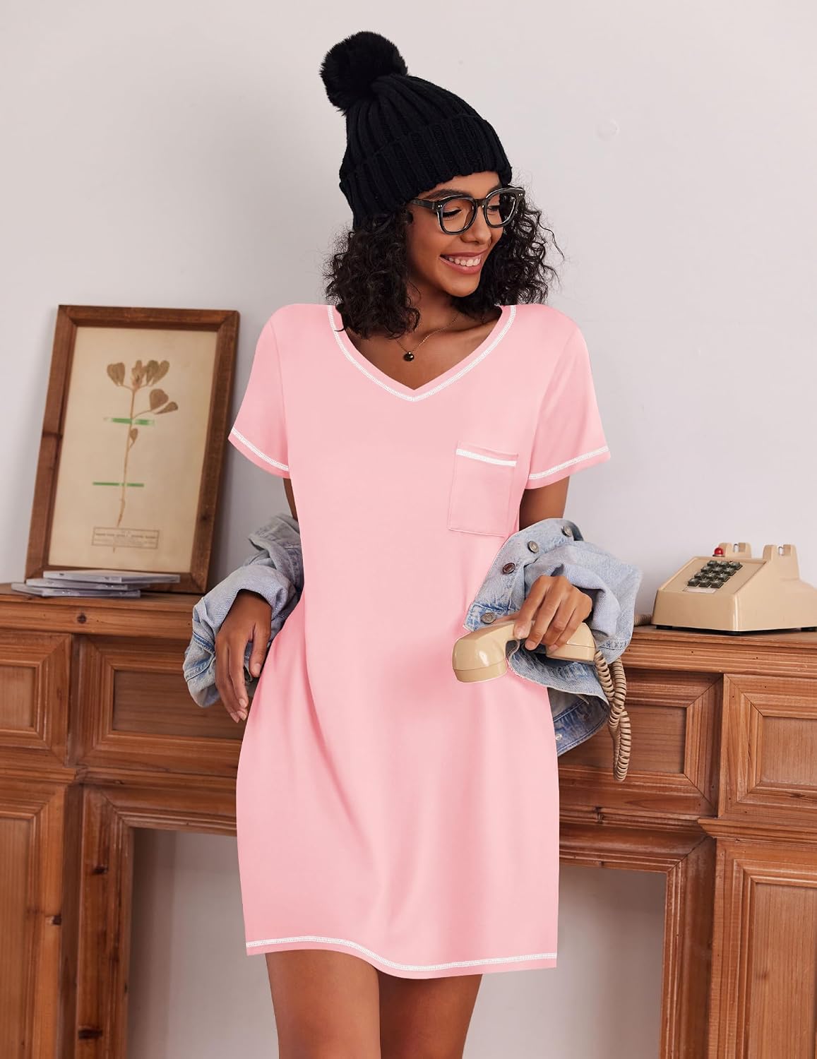 Detalle 2 de Ekouaer 3-Pack Women's Short-Sleeve V-Neck Nightgowns with Chest Pocket