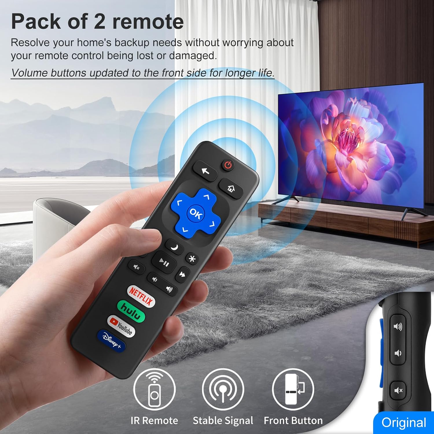 Detalle 2 de 2-Pack Replacement Roku TV Remote for TCL/Hisense/Onn/Sharp/Philips Roku TV Series