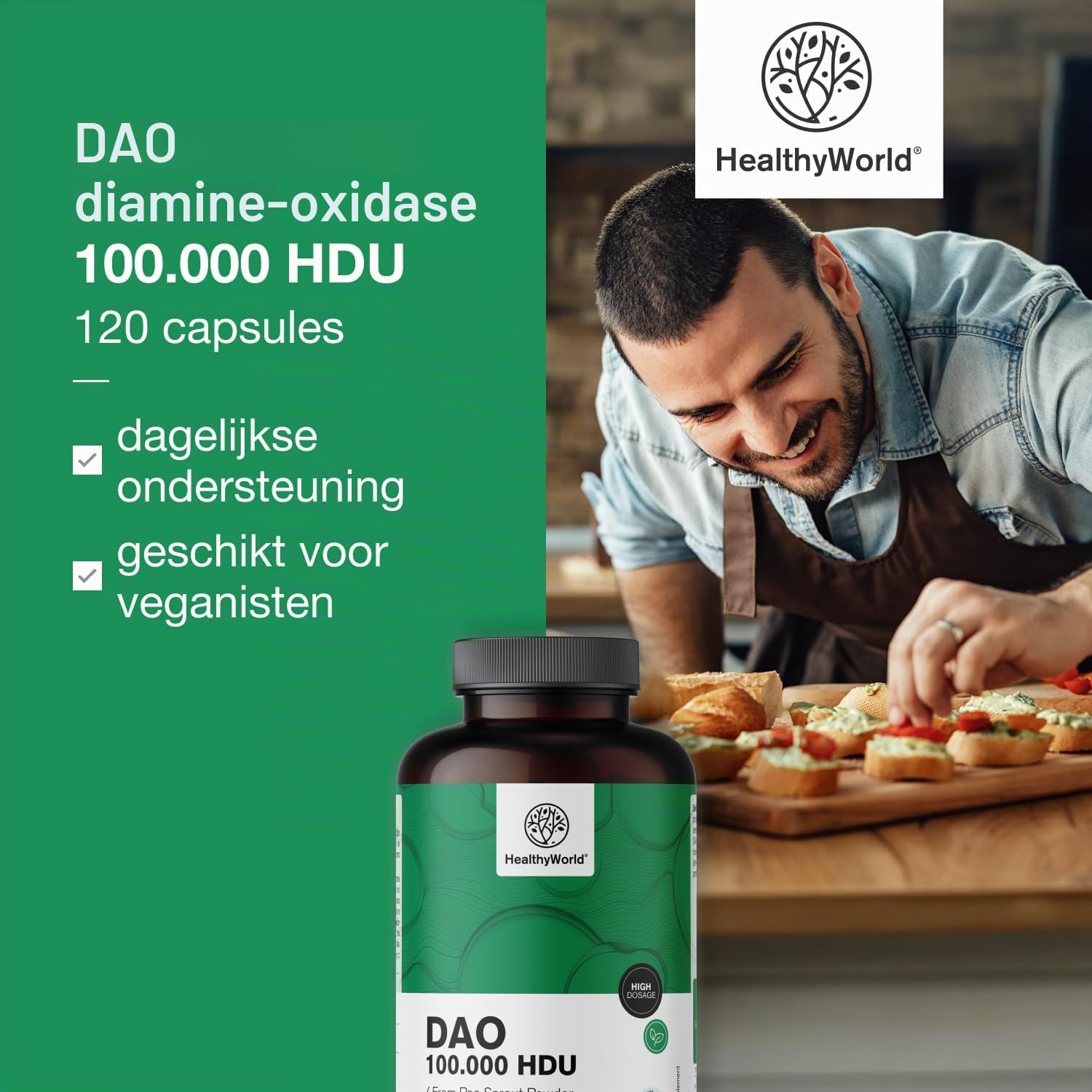 Detalle 2 de HealthyWorld DAO Diamine Oxidase-capsules, 100.000 HDU, vegan, 120 stuks