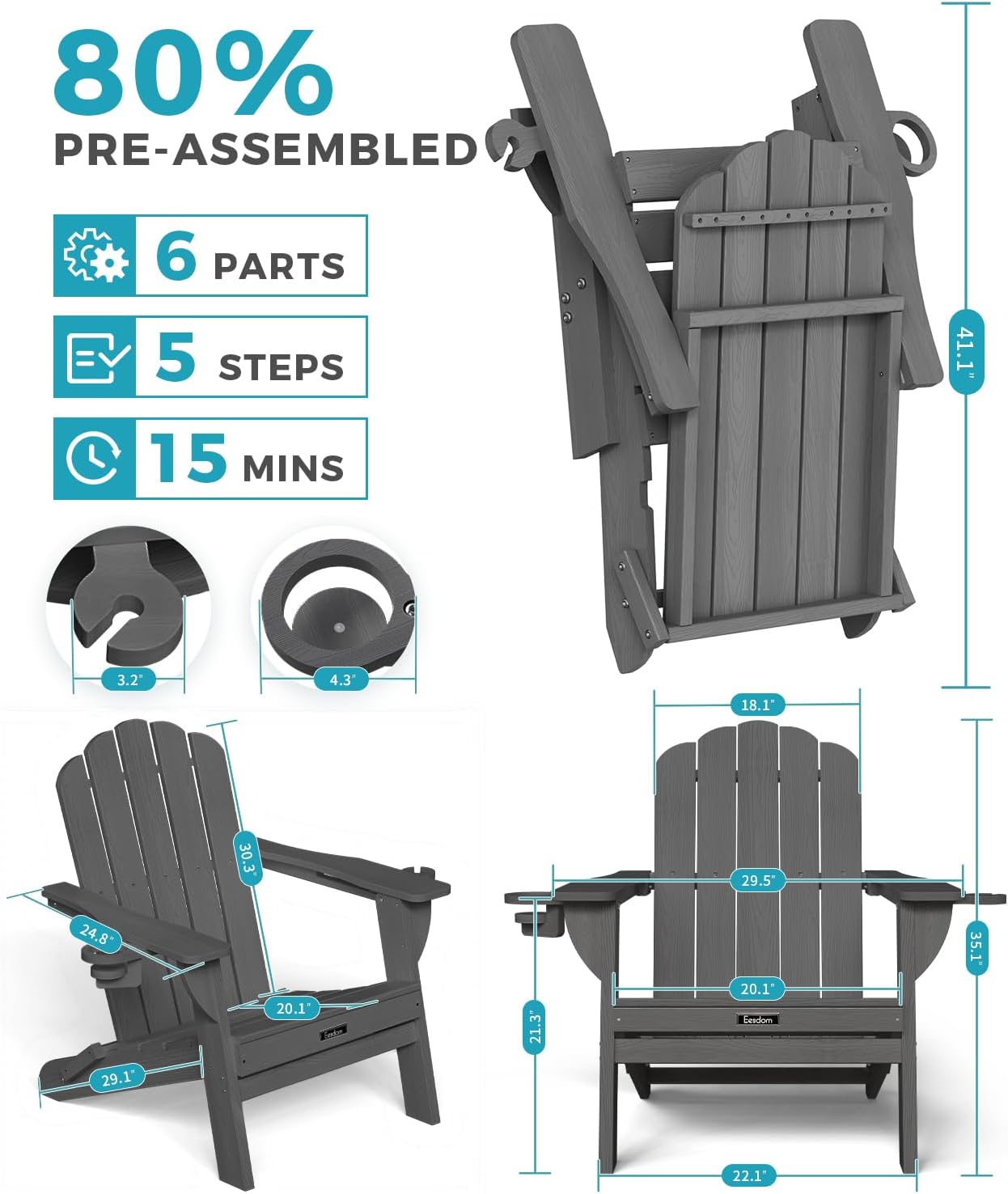 Detalle de Eesdom 3212db48-d81b-42b5-8cac-7568cfb68160 Folding Adirondack Chairs, Set of 4
