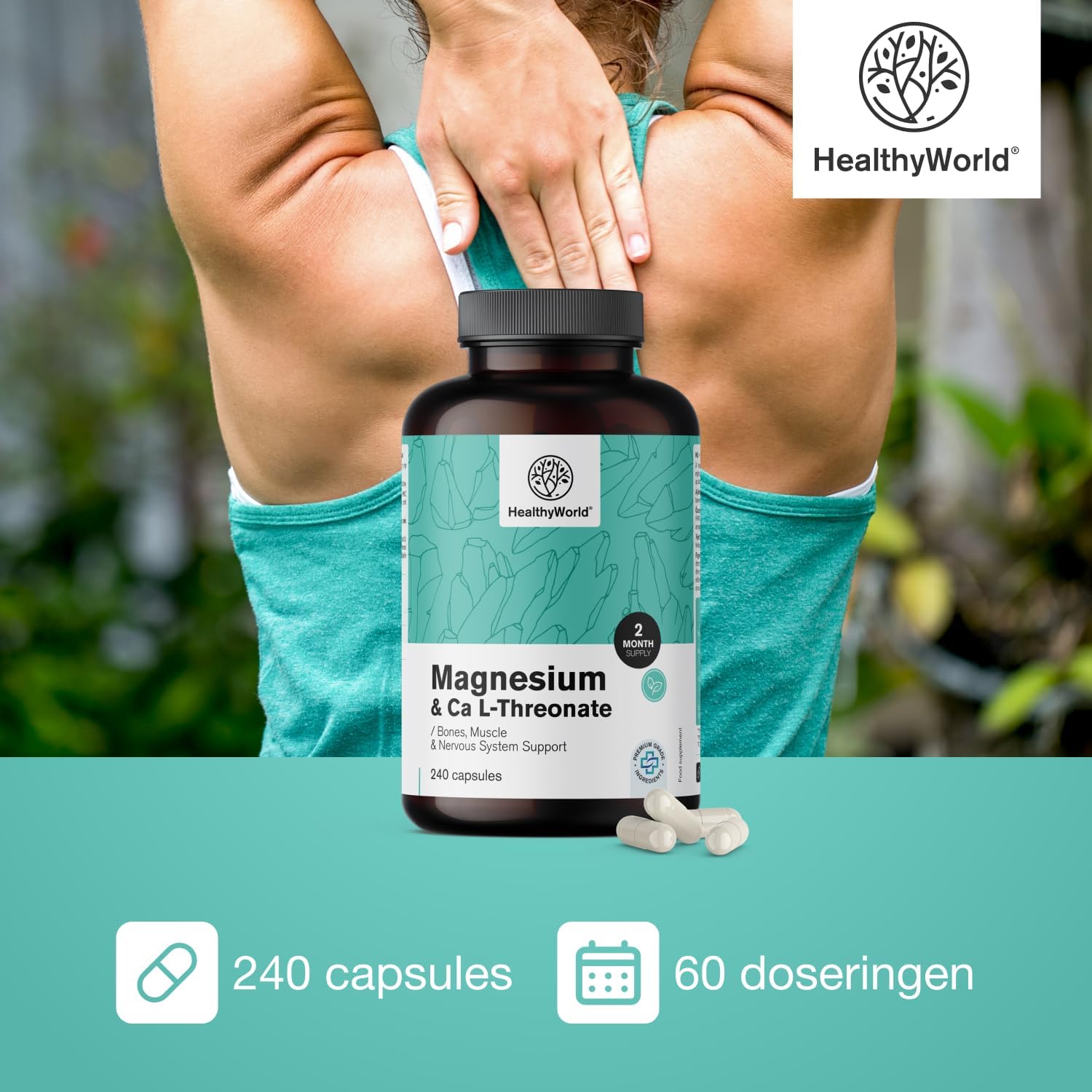 Thumbnail 3 de HealthyWorld Magnesium + Calcium L-Threonaat, 240 capsules met citraat en bisglycinaat