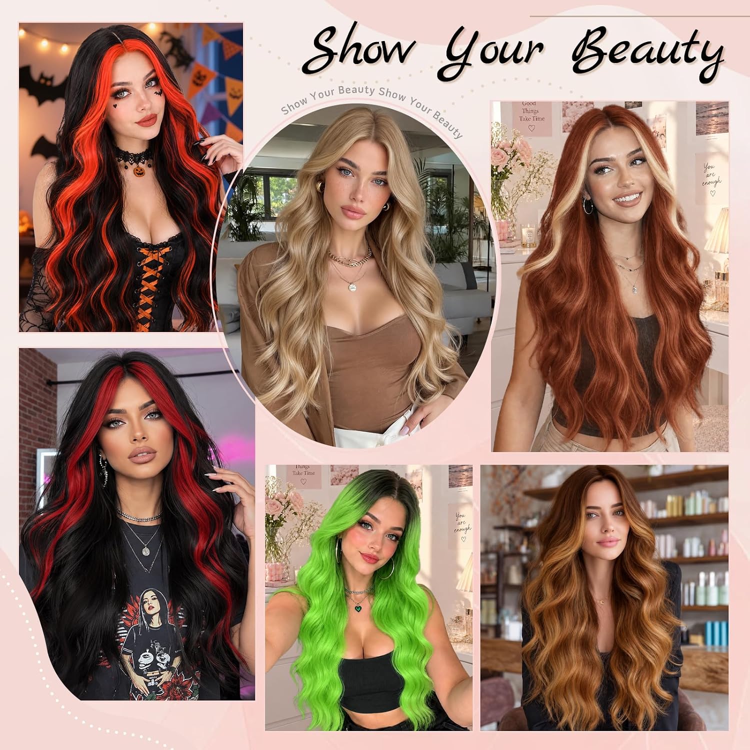 Thumbnail 6 de NAYOO 26-Inch Black and Red Wavy Synthetic Wig for Women