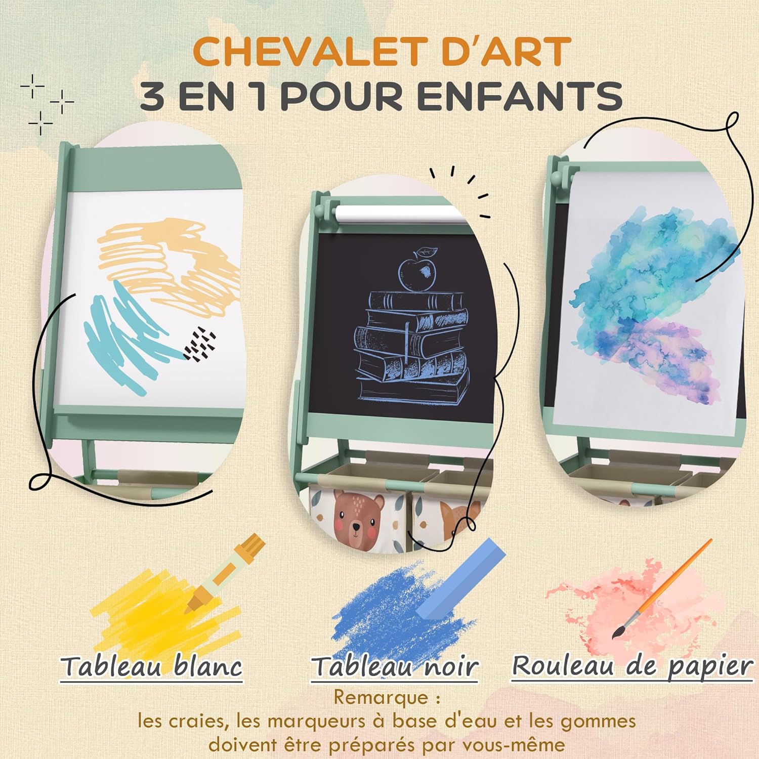 Thumbnail 2 de AIYAPLAY Tableau chevalet enfant ardoise double face – 54 x 46,5 x 93 cm vert, 2 paniers