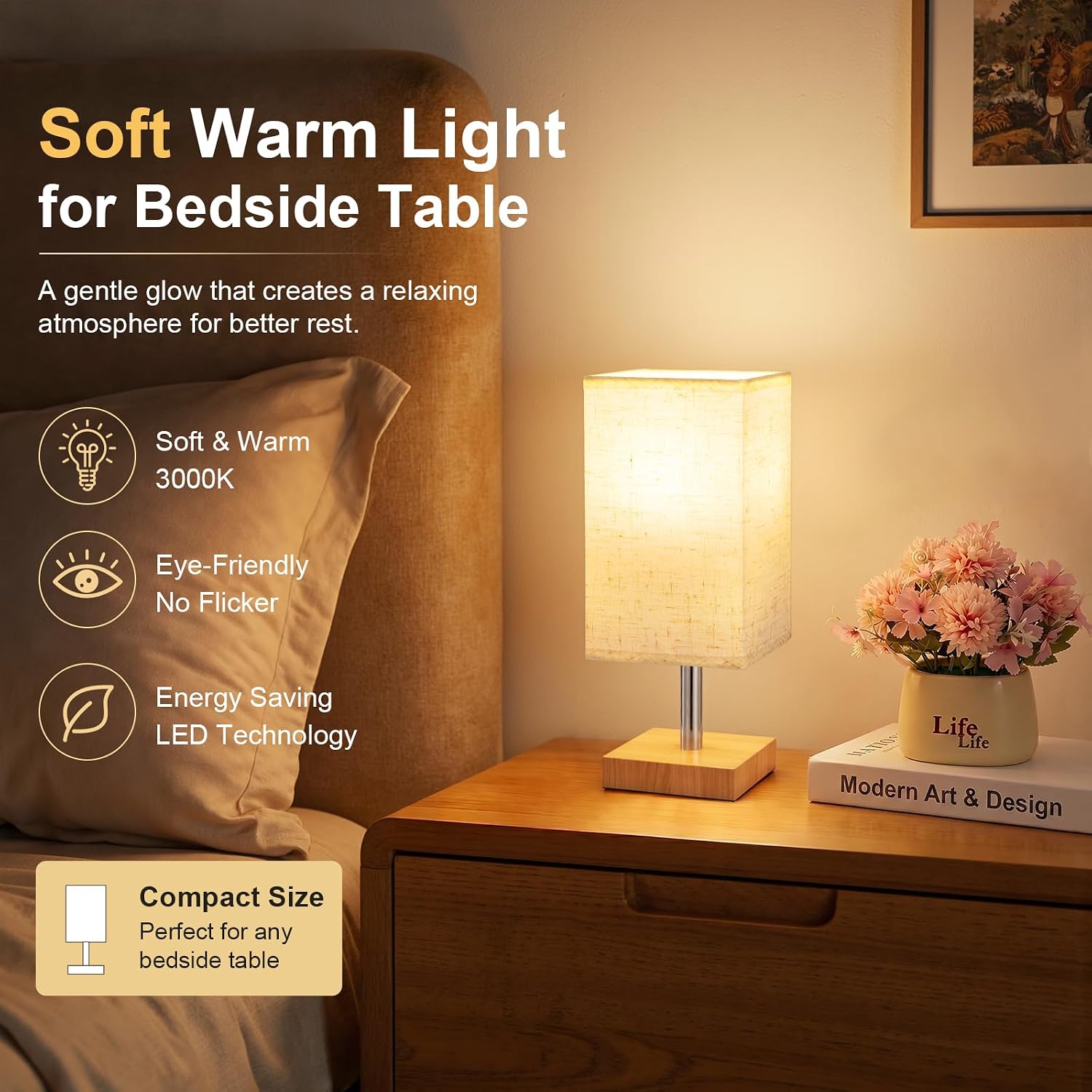 Detalle de PreeOtti Bedside Lamps – Small Linen Touch Lamp with 3‑Step Dimming (UK Plug)