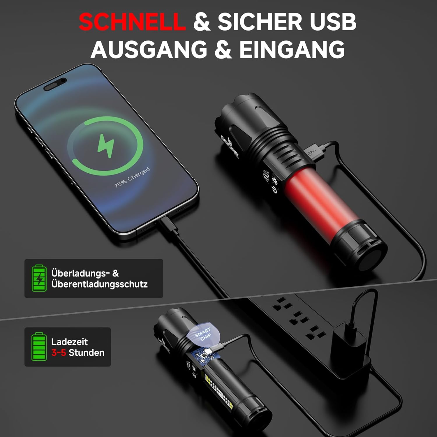 Thumbnail 5 de Shadowhawk 2er-Set Extrem Hell LED-Taschenlampen, USB-C+A aufladbar mit COB-Arbeitslicht, 7 Modi, N45 Magnet & LCD