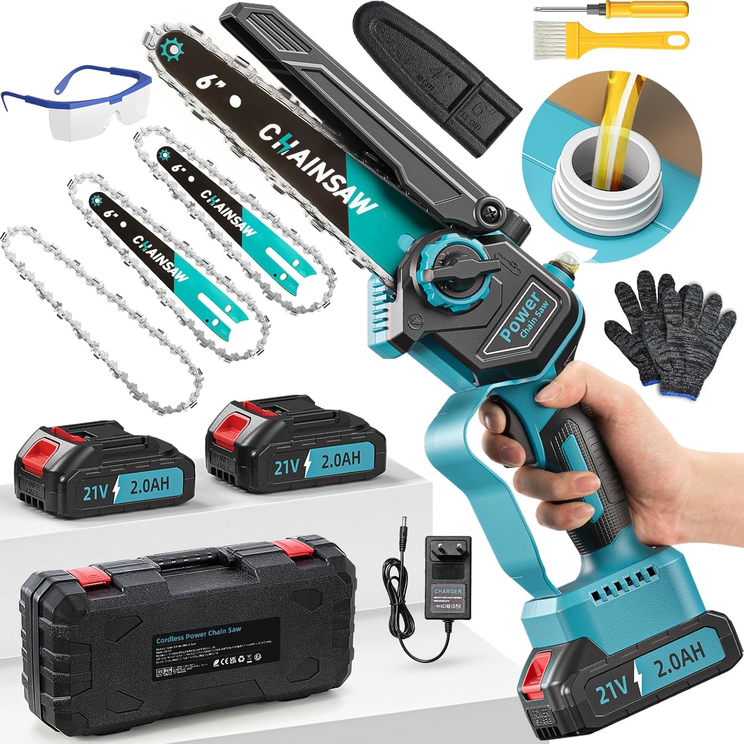 VIWKO Mini tronçonneuse sans fil 6 pouces 1000 W brushless, compatible Makita 18V (2 batteries 2000 mAh + 3 chaînes)