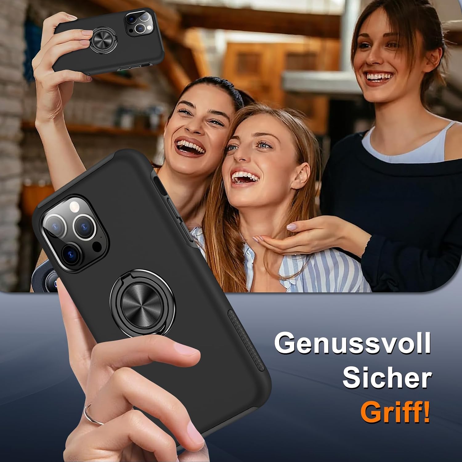 Detalle 2 de Vaki Handyhülle für iPhone 13 Pro mit 360° Magnet-Ringständer und Schutzfolie (Schwarz)
